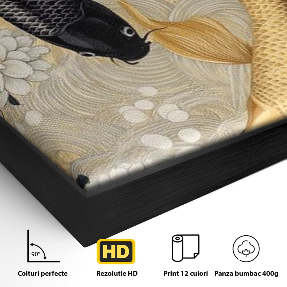 Detaliu al suprafetei: tablou canvas cu doi pesti koi, in rama de aluminiu negru